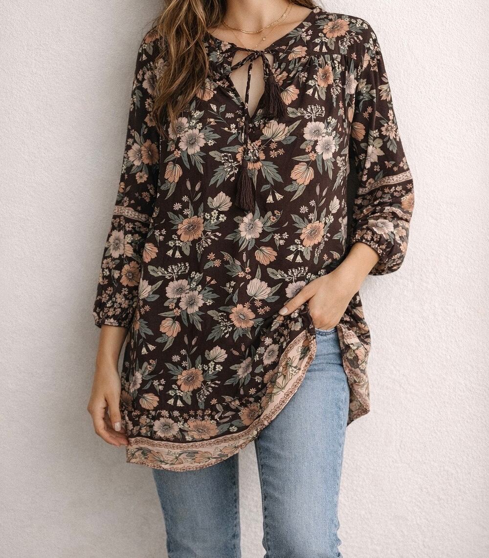 The Fox & The Mermaid Venice Floral Boho Blouse NWT Size S/M Peasant Silk Tunic